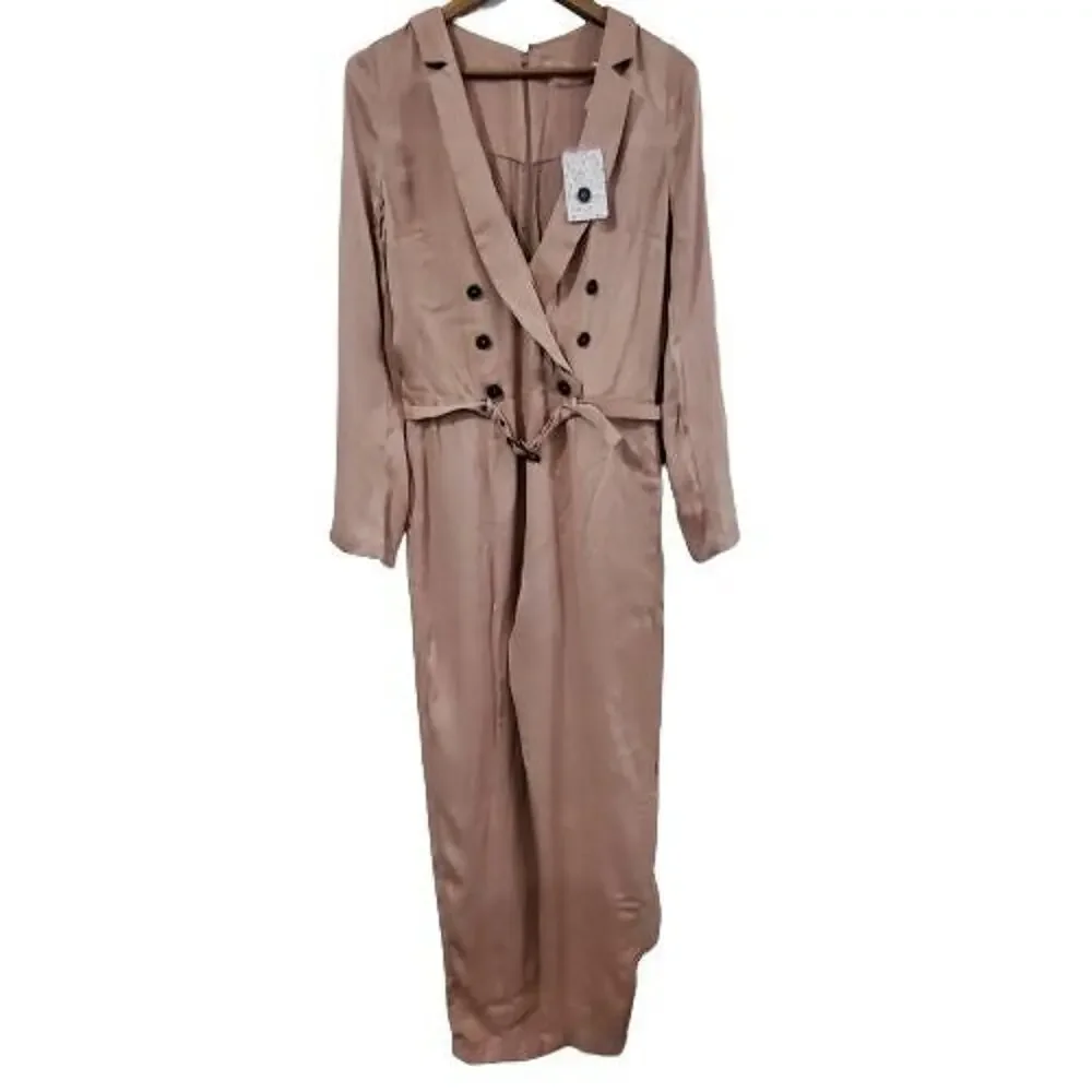 Free People Jumpsuit Womens Sz 8 Mystic Tan Pink Satin Silky Glam Festival Party